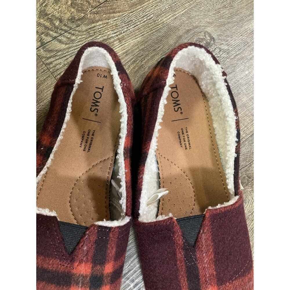 TOMS Belmont Red Plaid Slippers Flats Women Size 10 Casual Faux Shearling Wool - Picture 8 of 10